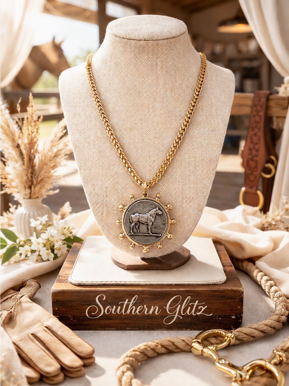 Gold Chain Necklace with Horse Medallion